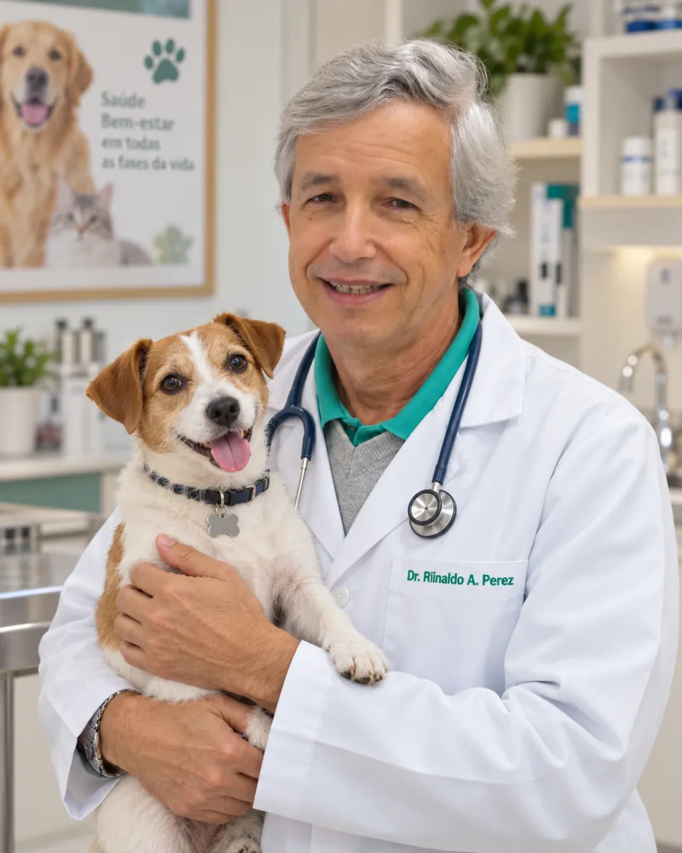 Dr. Reinaldo com um cachorro no colo
