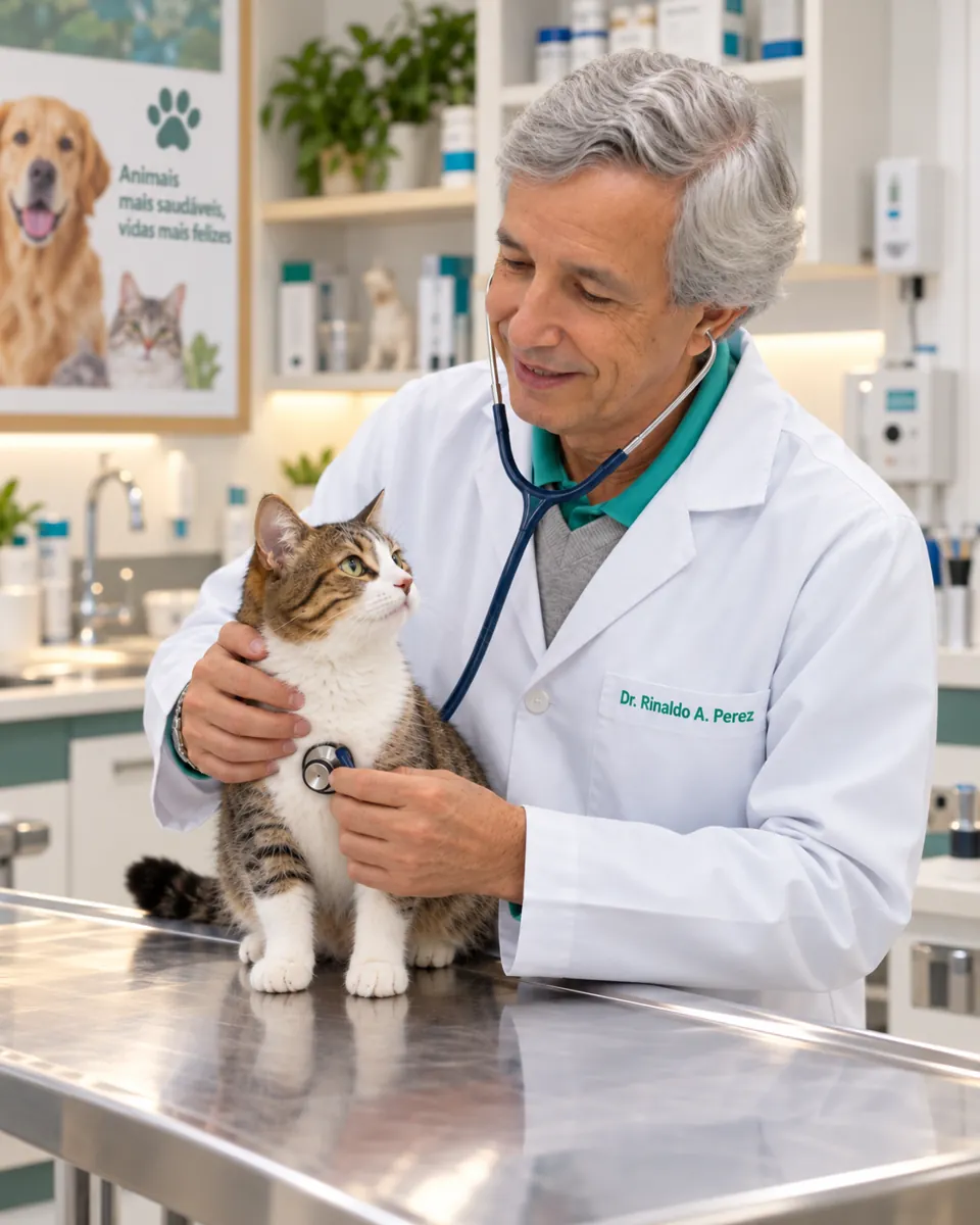 Dr. Reinaldo examinando um gato com estetoscópio