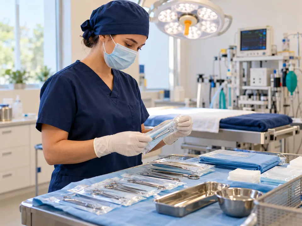 Ilustração fotográfica de preparação de materiais para cirurgia veterinária.